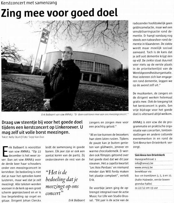 ANNA3 in de pers | De Nieuwe Antwerpenaar | 14 december 2012 | Zingt mee voor het goede doel | Music for Life
